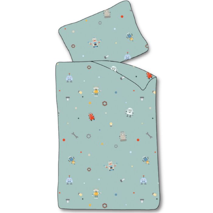 Baby Sengetøj 70x100 Cm Blåt Sengesæt Med Små Robotter 100  Blødt Bomulds Sengelinned