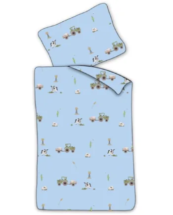 Baby Sengetøj 70x100 Cm Blåt Sengesæt Med Traktor Og Køer 100  Blødt Bomulds Sengelinned