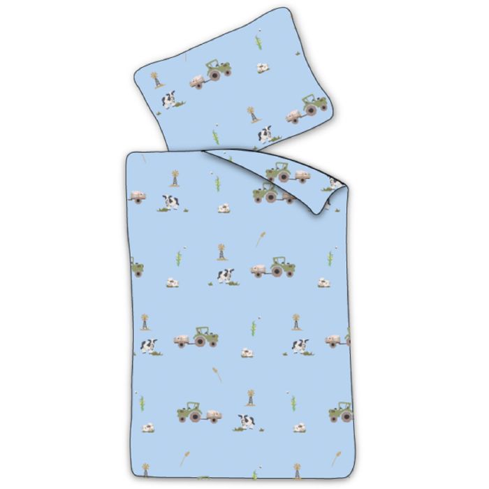Baby Sengetøj 70x100 Cm Blåt Sengesæt Med Traktor Og Køer 100  Blødt Bomulds Sengelinned