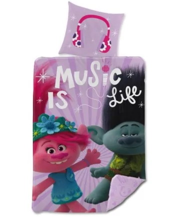 Børne Sengetøj 140x200 Cm Trolls Sengesæt Med Poppy Og Kvist Vendbart Design Sengelinned   100  Bomuld