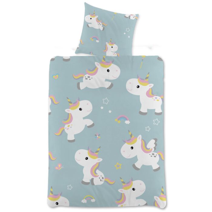 Enhjørning Sengetøj 140x200 Cm Unicorn Og Regnbue Børnesengetøj Vendbart Sengesæt   100  Bomuld