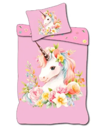 Enhjørning Sengetøj 140x200 Cm Vendbart Sengesæt Med Fin Unicorn Og Smukke Blomster  100  Blødt Bomulds Sengelinned