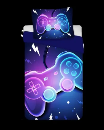 Gamer Sengetøj 140x200 Cm Blåt Vendbart Sengesæt Med Controller 100  Blødt Bomulds Sengelinned