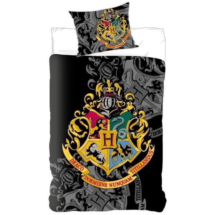 Harry Potter Sengetøj 140x200 Cm Guldfarvet Hogwarts Våbenskjold Design 100 Bomulds Sengesæt