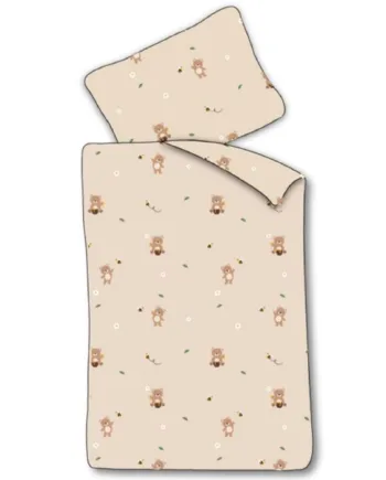 Junior Sengetøj 100x140 Cm Beige Sengesæt Med Bamser 100  Blødt Bomulds Sengelinned