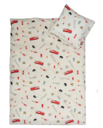 Junior Sengetøj 100  Blødt Bomuld 115x135 Cm Sengesæt Med Beige Med Brandvæsen Ikoner