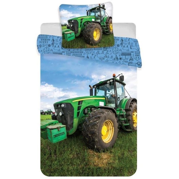 Junior Sengetøj 100x140 Cm Vendbart Sengesæt Med En Grøn Traktor 100  Blødt Bomulds Sengelinned