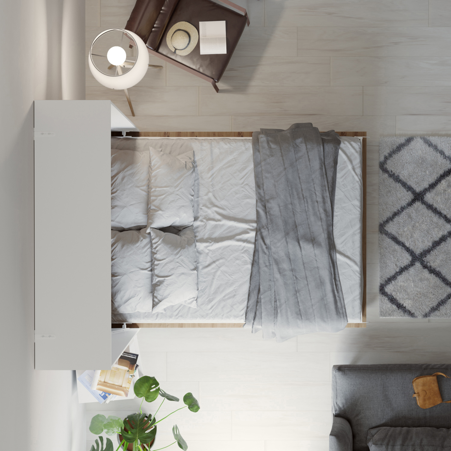 Nordic Skabsseng  Høj Model 140x200 Cm Farve Skab: Hvid  Front: Vild Eg