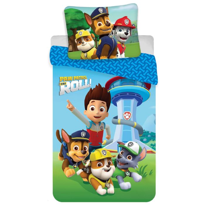 Paw Patrol Sengetøj 140x200 Cm Vendbart Sengetøj Med Paw Patrol Ved Udkigstårnet 100  Bomulds Sengelinned