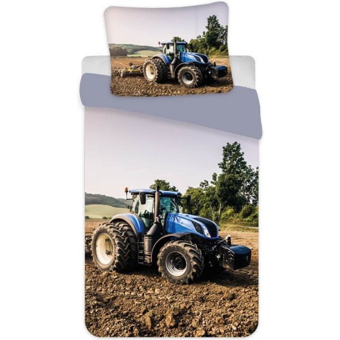 Traktor Junior Sengetøj 100x140 Cm Sengesæt Med Blå Traktor Design 100 Bomuld