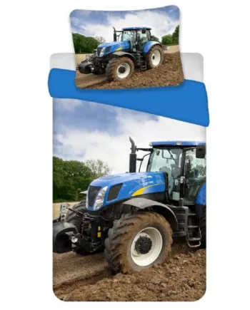 Traktor Sengetøj 140x200 Cm Sengesæt Med Blå Traktor Vendbart Design Med Blå Bagside 100  Bomuld Børnesengetøj