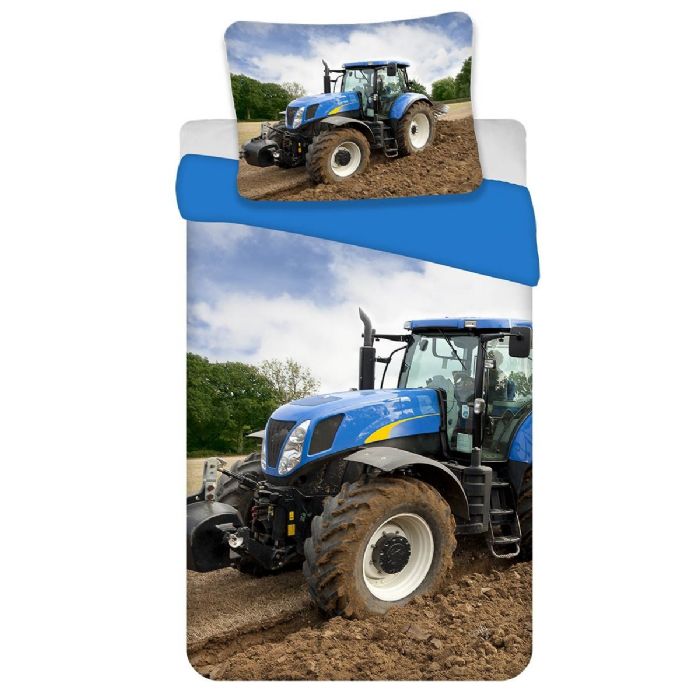 Traktor Sengetøj 140x200 Cm Sengesæt Med Blå Traktor Vendbart Design Med Blå Bagside 100 Bomuld Børnesengetøj