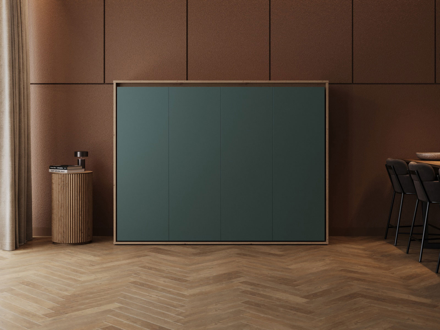 M2 Skabsseng  Lav Model 160x200cm Farve Skab: Vild Eg  Front: Grøn