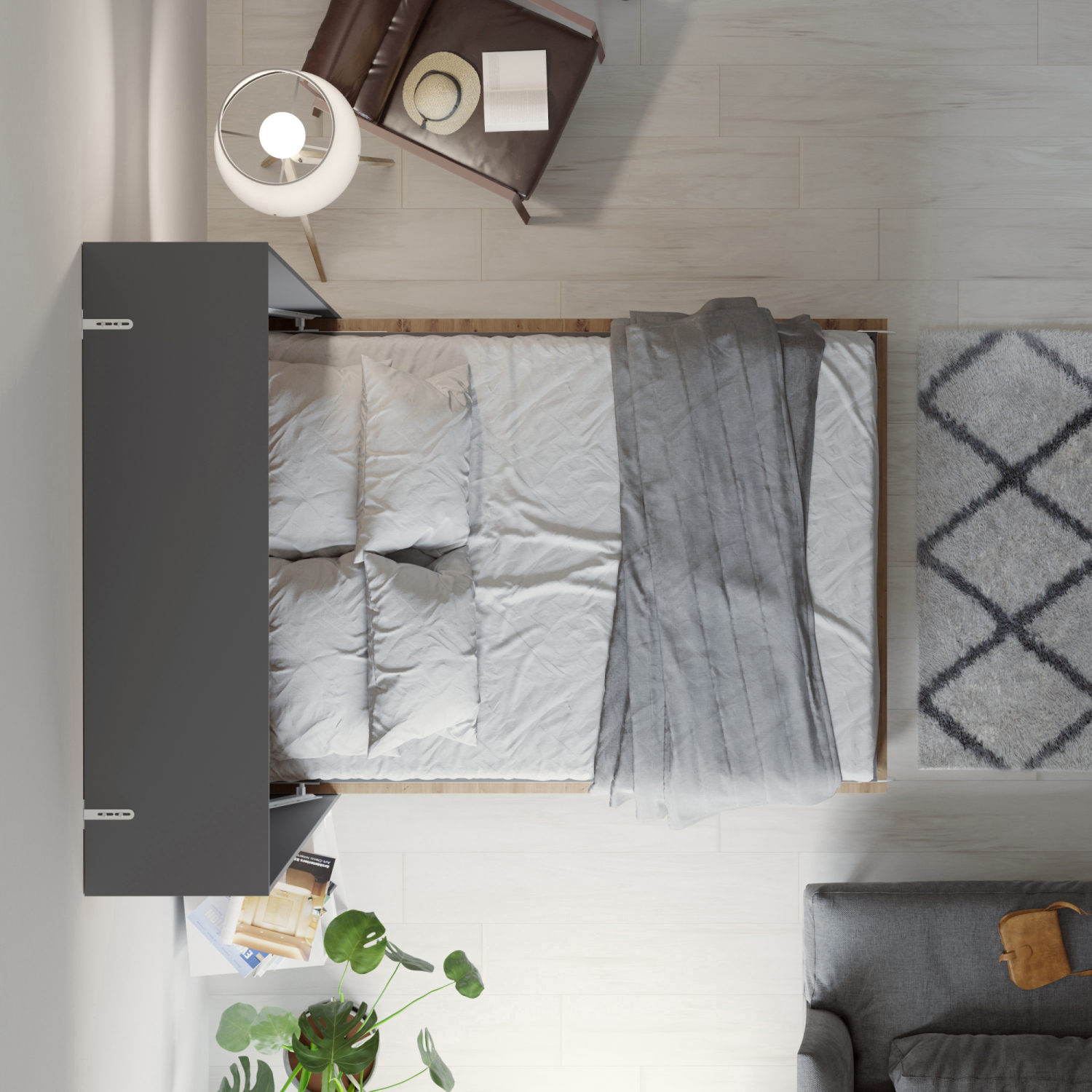 Nordic Skabsseng  Høj Model 140x200 Cm Farve Skab: Antracit  Front: Vild Eg