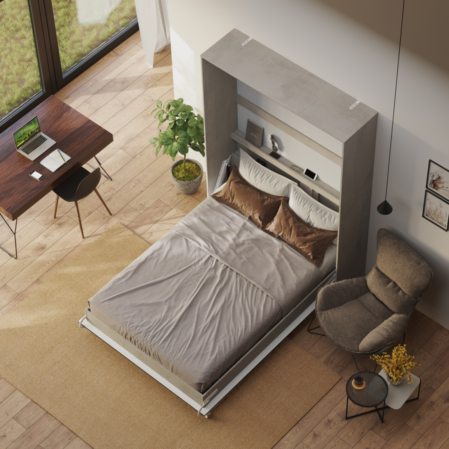 Nordic Skabsseng  Høj Model 140x200 Cm Farve Skab: Beton  Front: Antracit