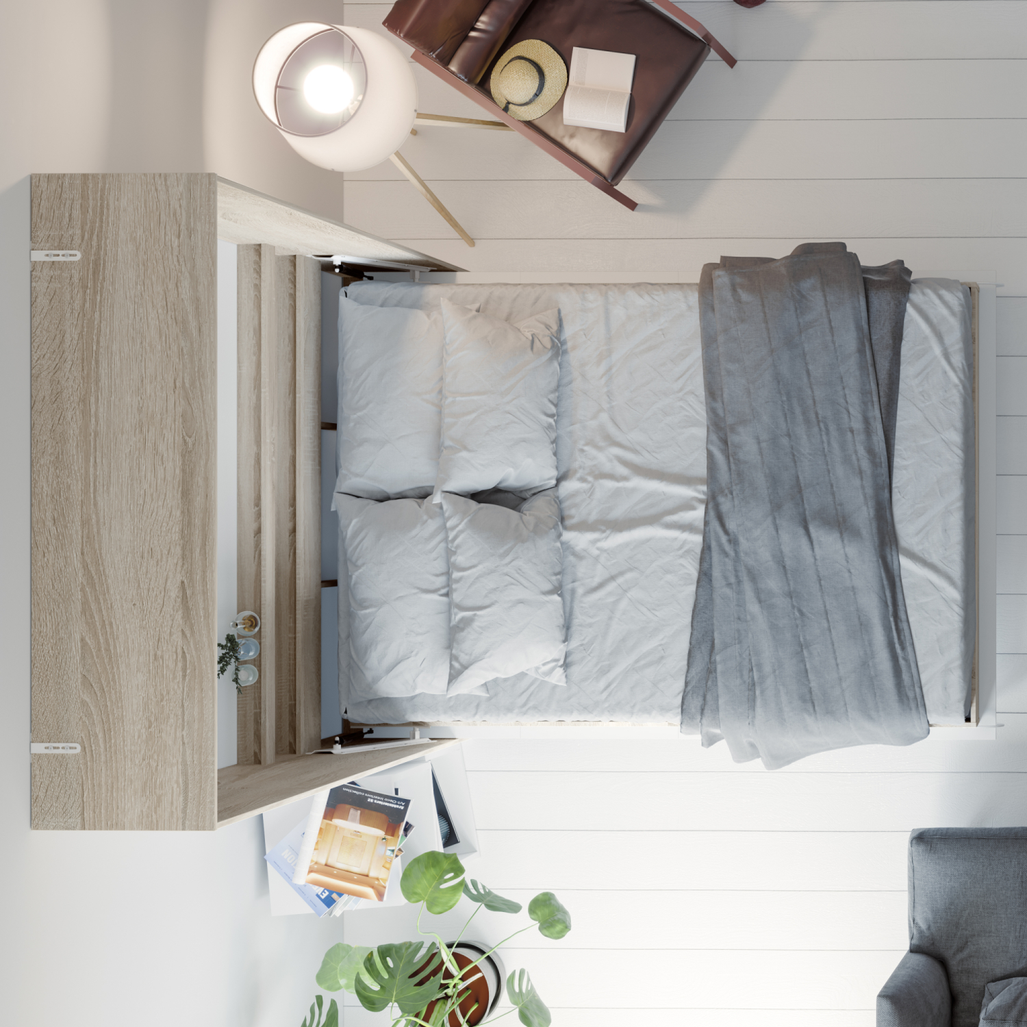 Nordic Skabsseng  Høj Model 140x200 Cm Farve Skab: Eg Sonoma  Front: Hvid Højglans