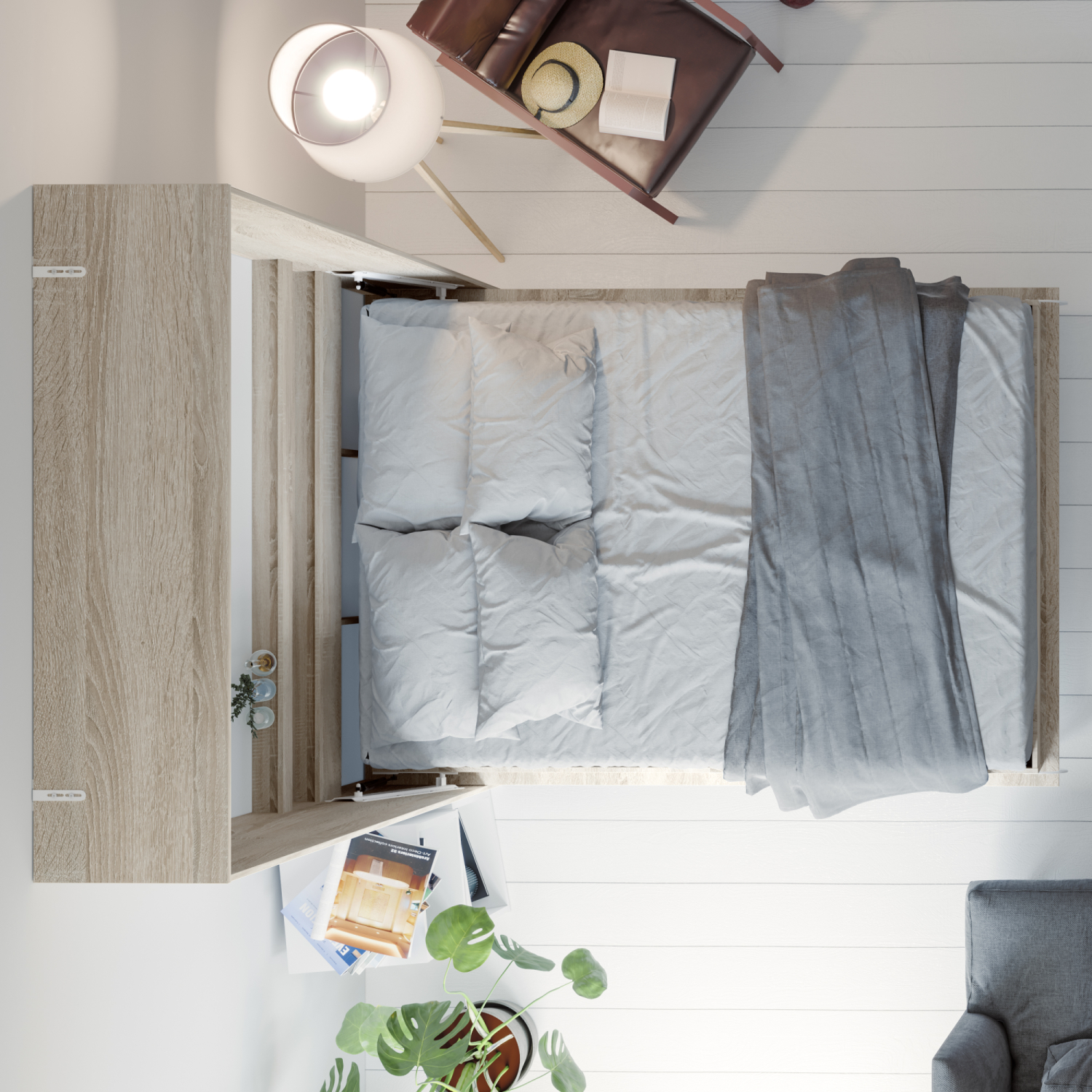 Nordic Skabsseng  Høj Model 140x200 Cm Farve Skab: Eg Sonoma  Front: Vild Eg