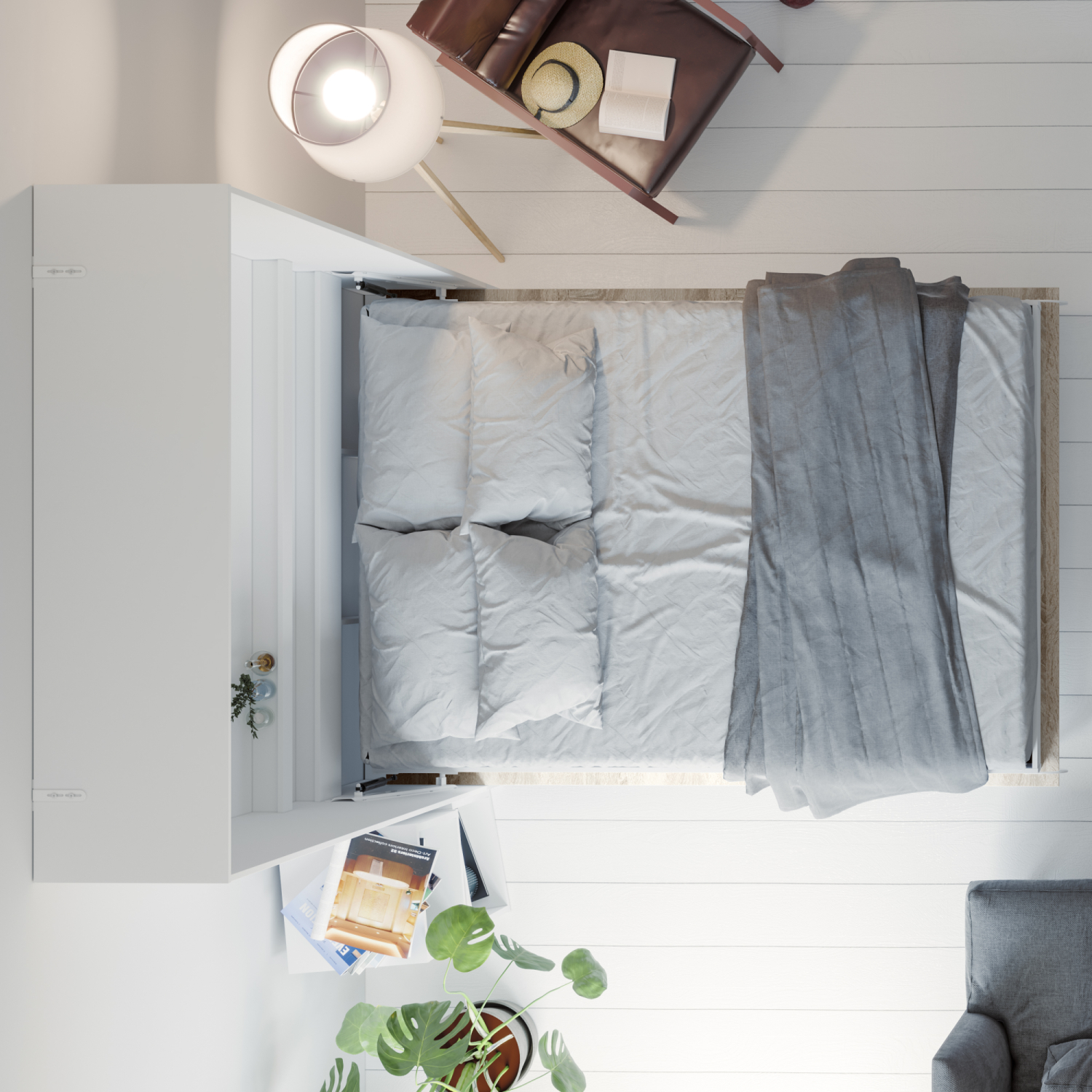 Nordic Skabsseng  Høj Model 140x200 Cm Farve Skab: Hvid  Front: Eg Sonoma