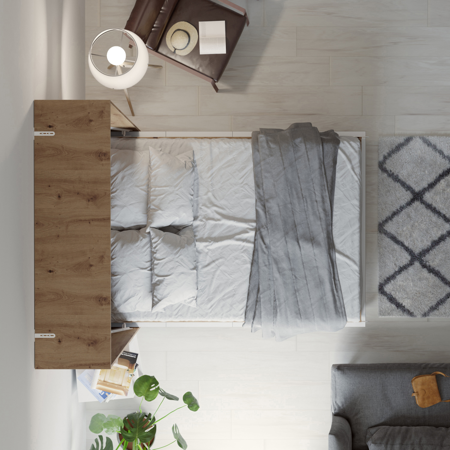 Nordic Skabsseng  Høj Model 140x200 Cm Farve Skab: Vild Eg  Front: Hvid Højglans